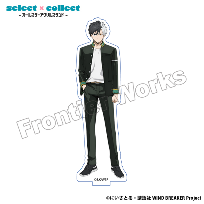 黒と白の髪型のキャラクターが立つアクリルスタンド