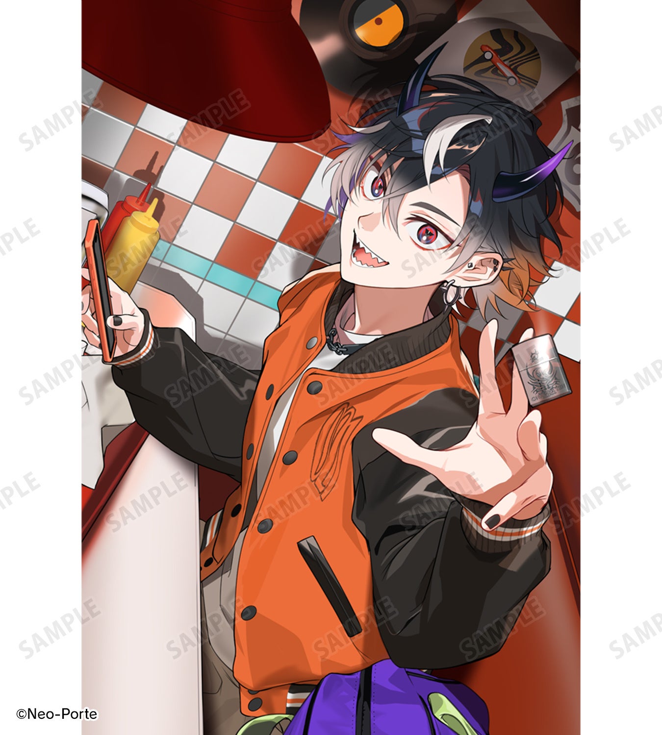 レトロな背景のキャラクターとライター