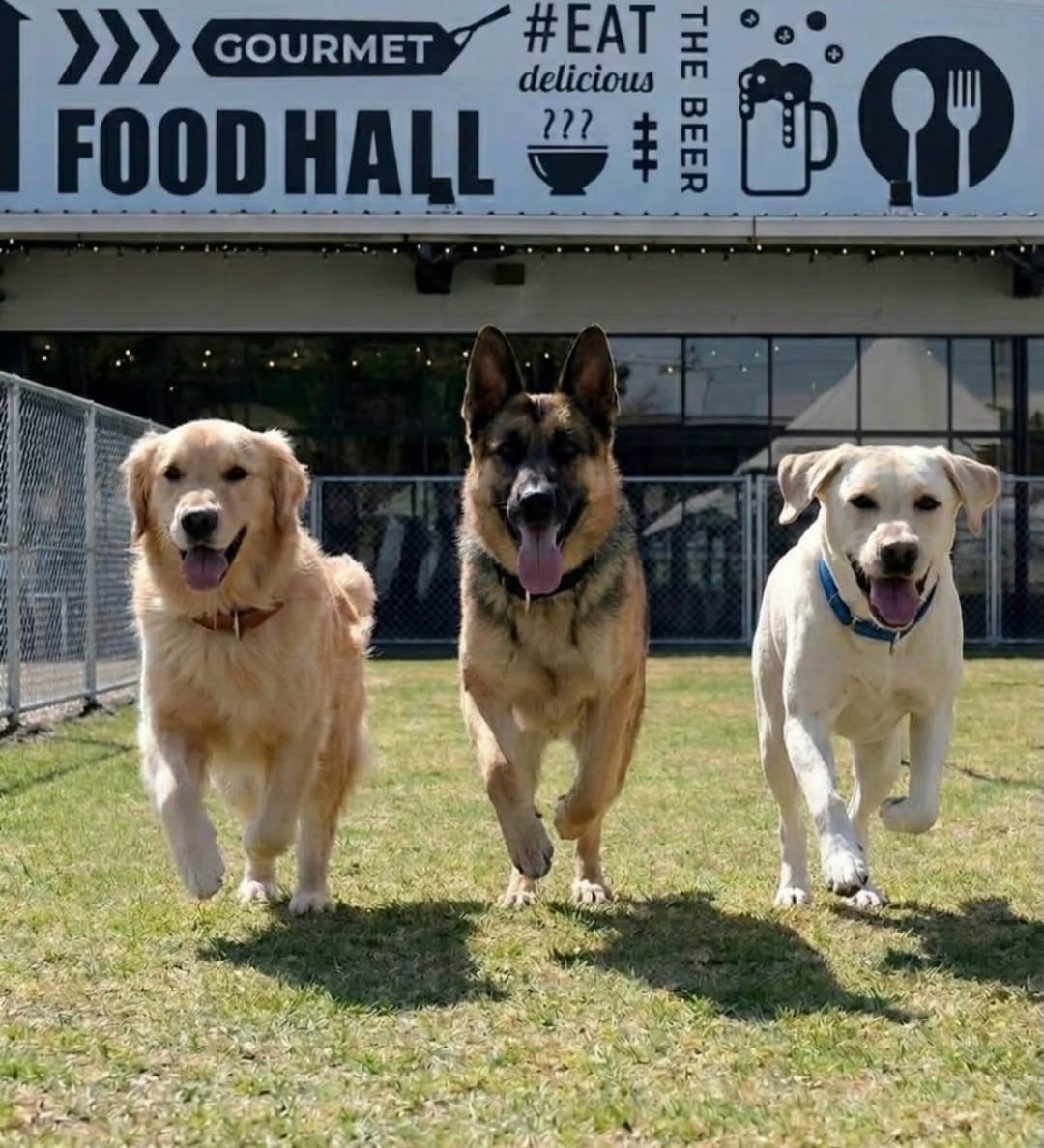 3匹の大型犬がフードホール前を走る