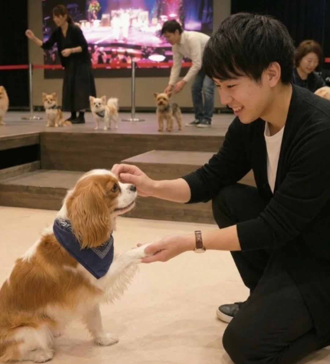 フレンドリーな犬と触れ合う参加者