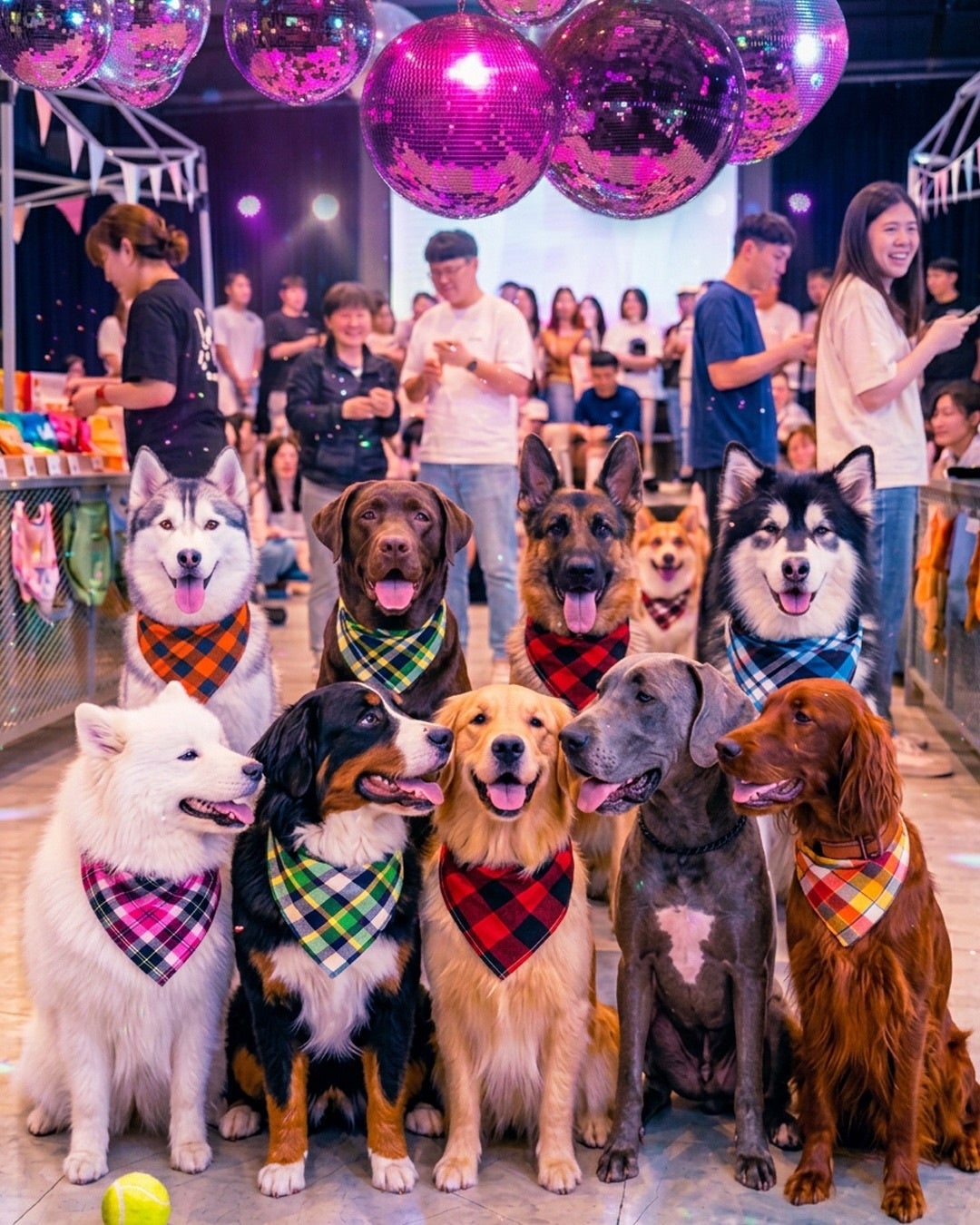 オフ会でカラフルなバンダナを付けた犬たち