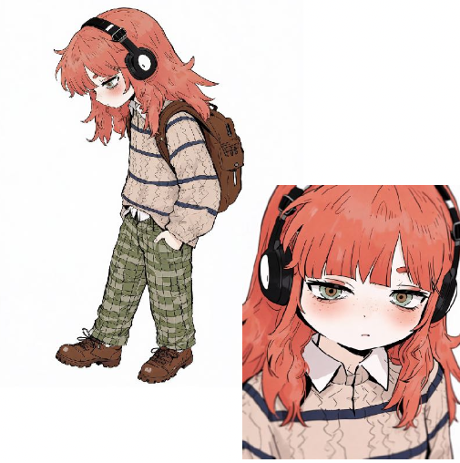 ヘッドフォンを付けた赤髪のキャラクター