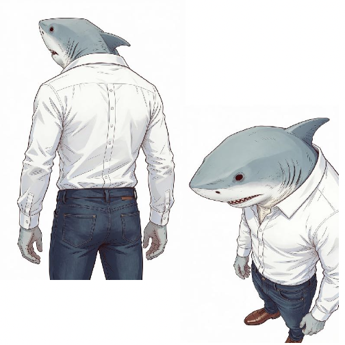 シャツを着たサメ風キャラクター