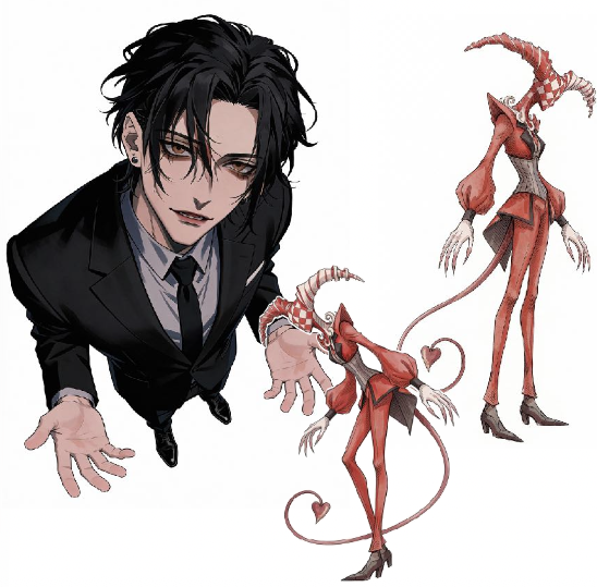 スーツ姿の男性と赤い衣装のキャラクター