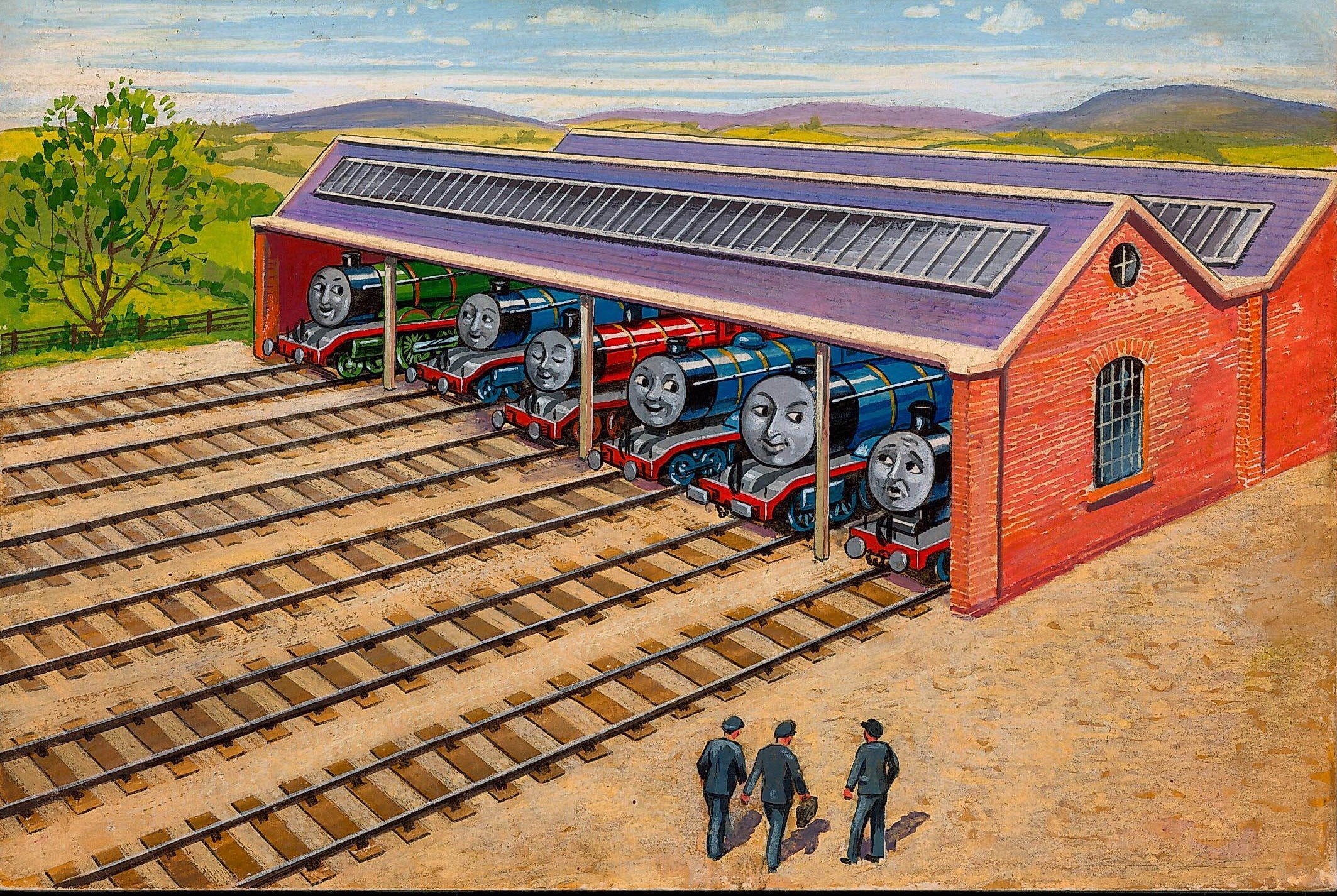 機関車たちが並ぶ機関庫