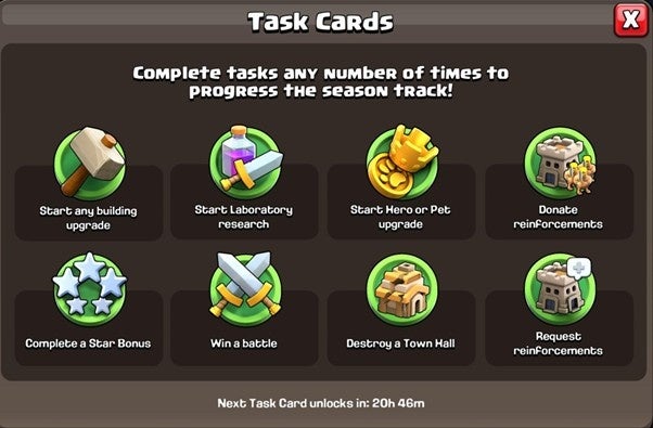 シーズンパスのためのタスクカード一覧