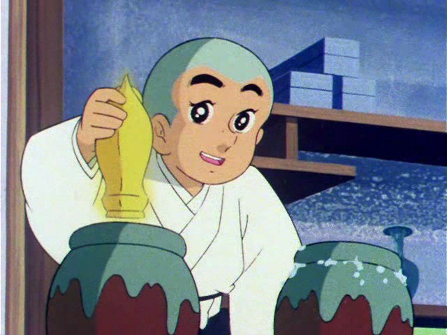 一休さんが瓶を持ち作業するシーン