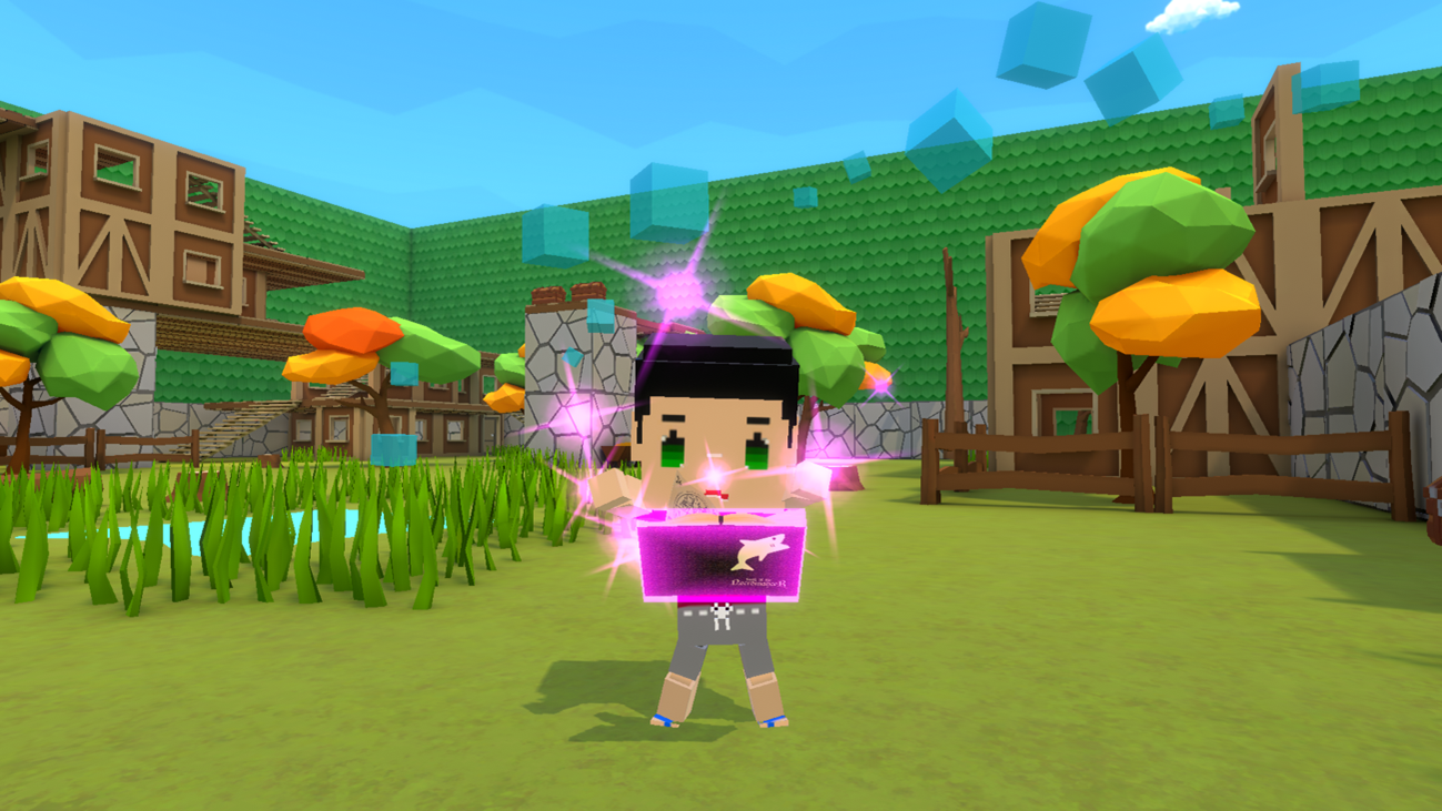 カラフルな庭で箱を開けるキャラ