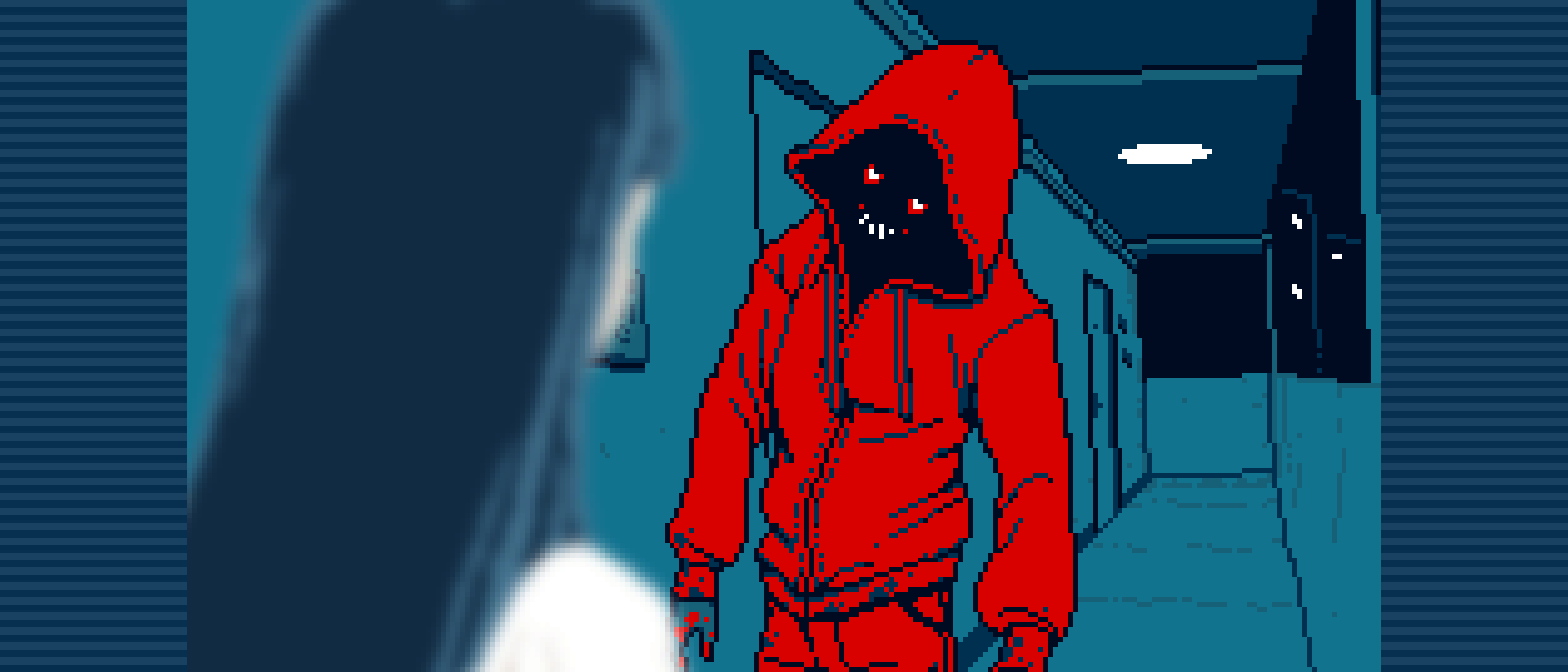 赤いフード姿の怪しい影と対峙する様子