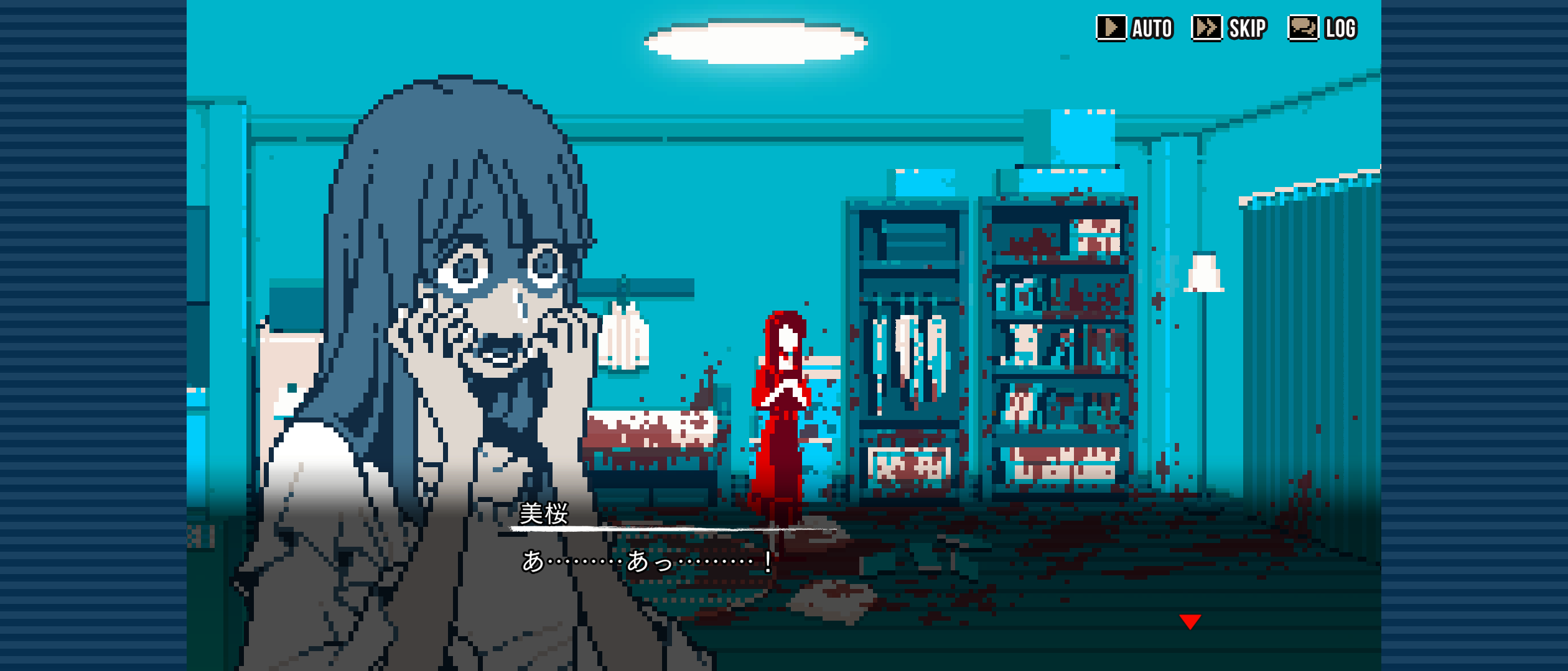 血痕のついた部屋と驚くキャラクター