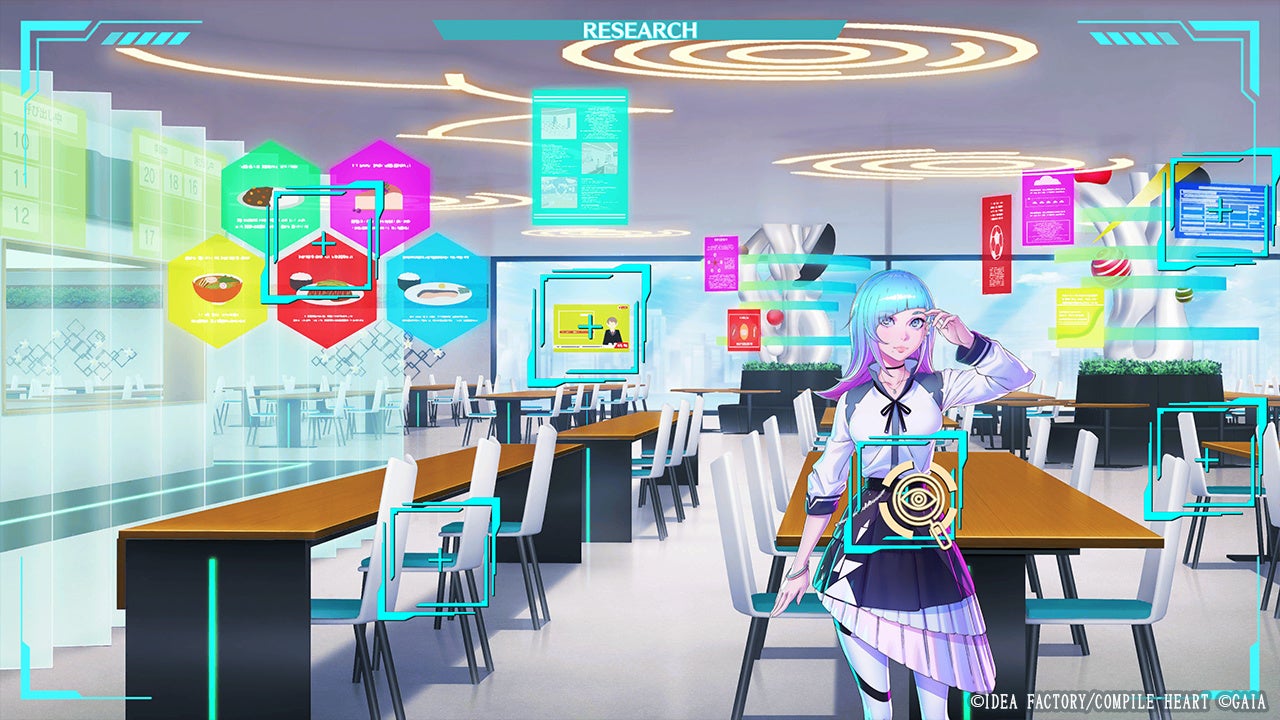 デジタル画面とカフェ内のキャラクター