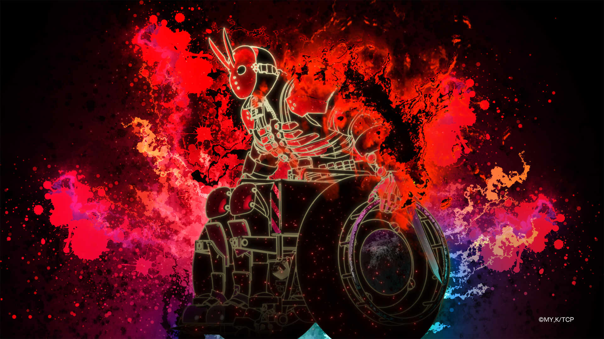 炎の背景に浮かぶ戦車椅子ロボット