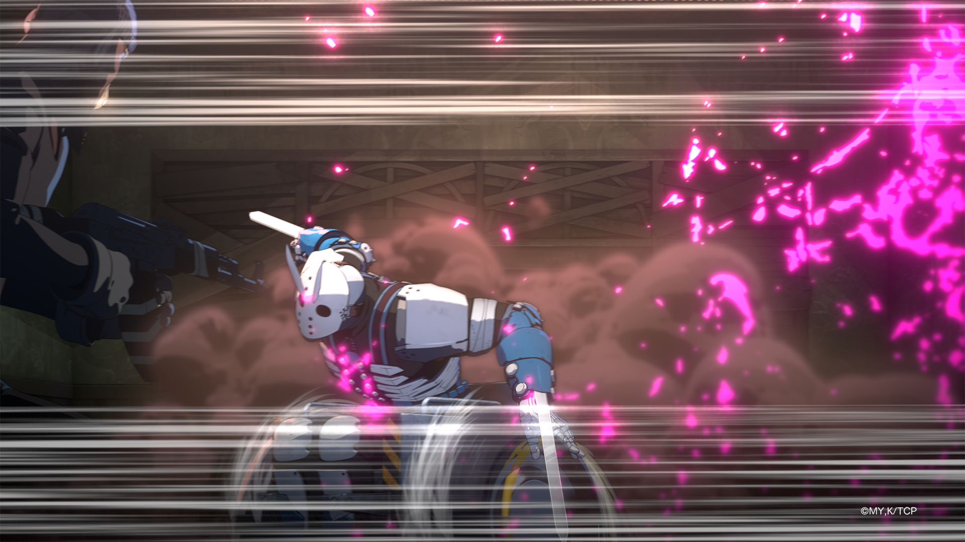 戦闘中のロボットと対峙する敵