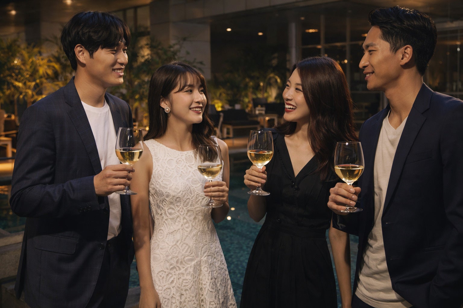 ワインを持ち笑顔で会話する男女