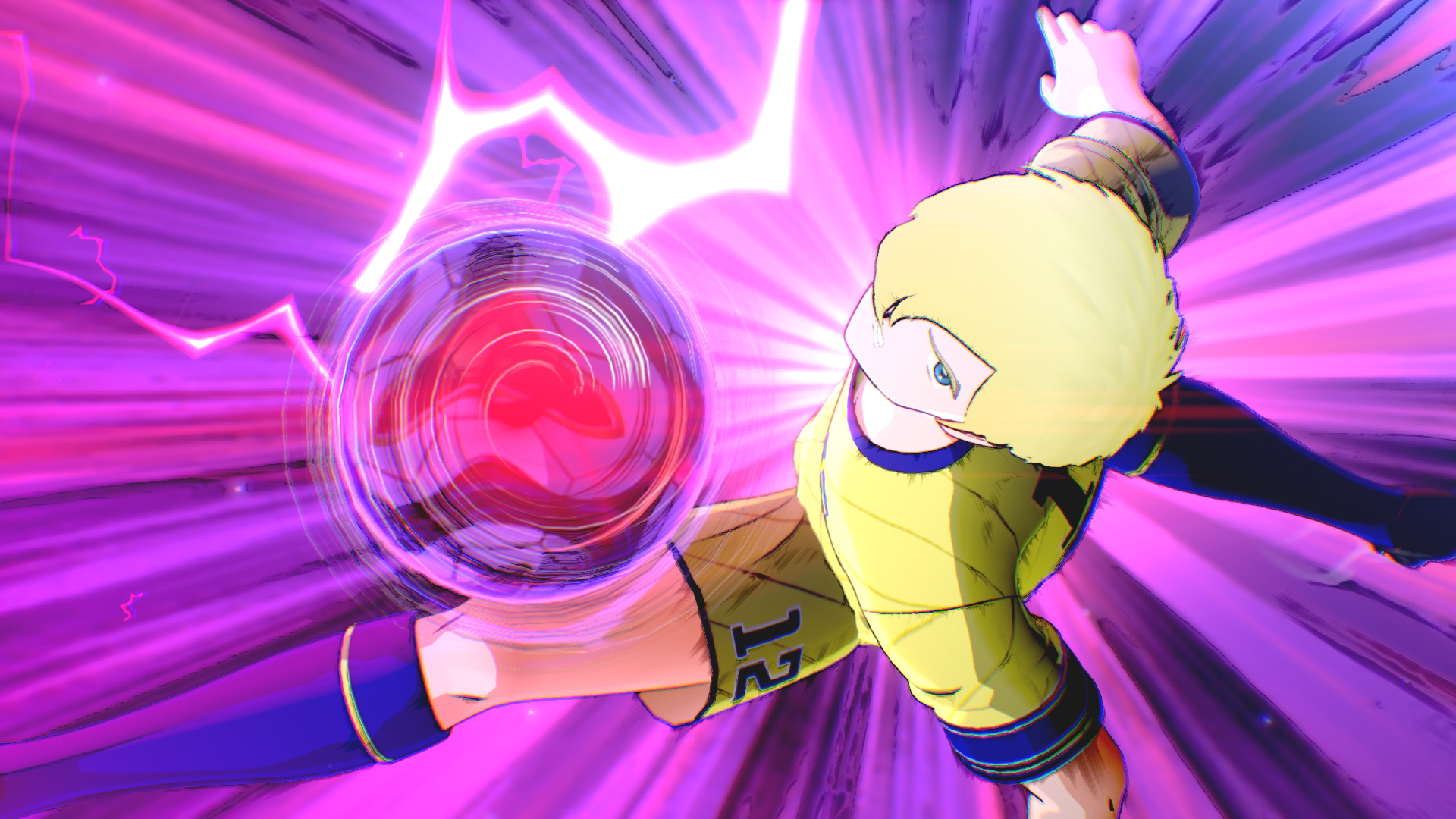 電撃をまとったボールを蹴る選手