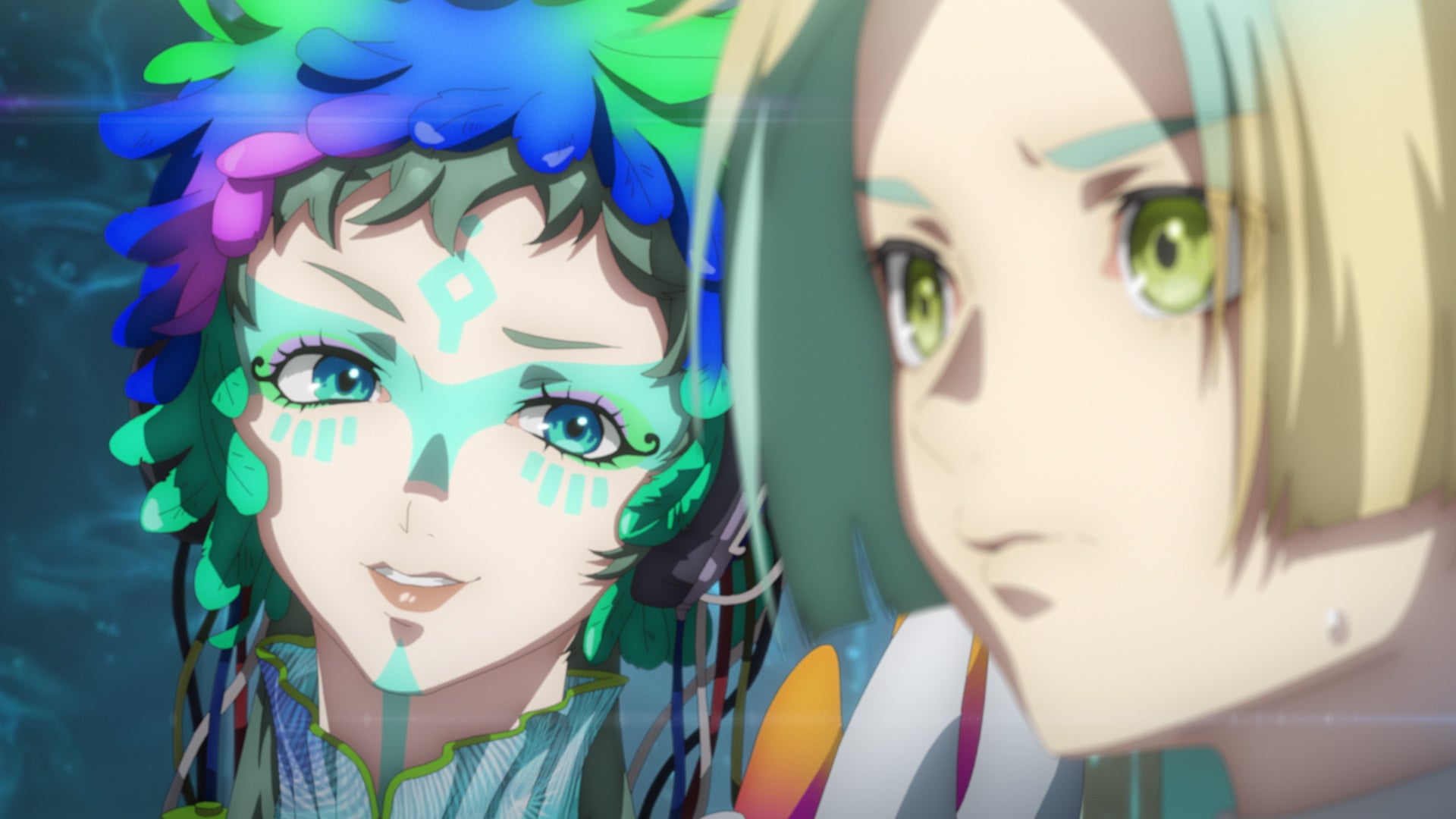 カラフルなキャラクターと緊張した表情