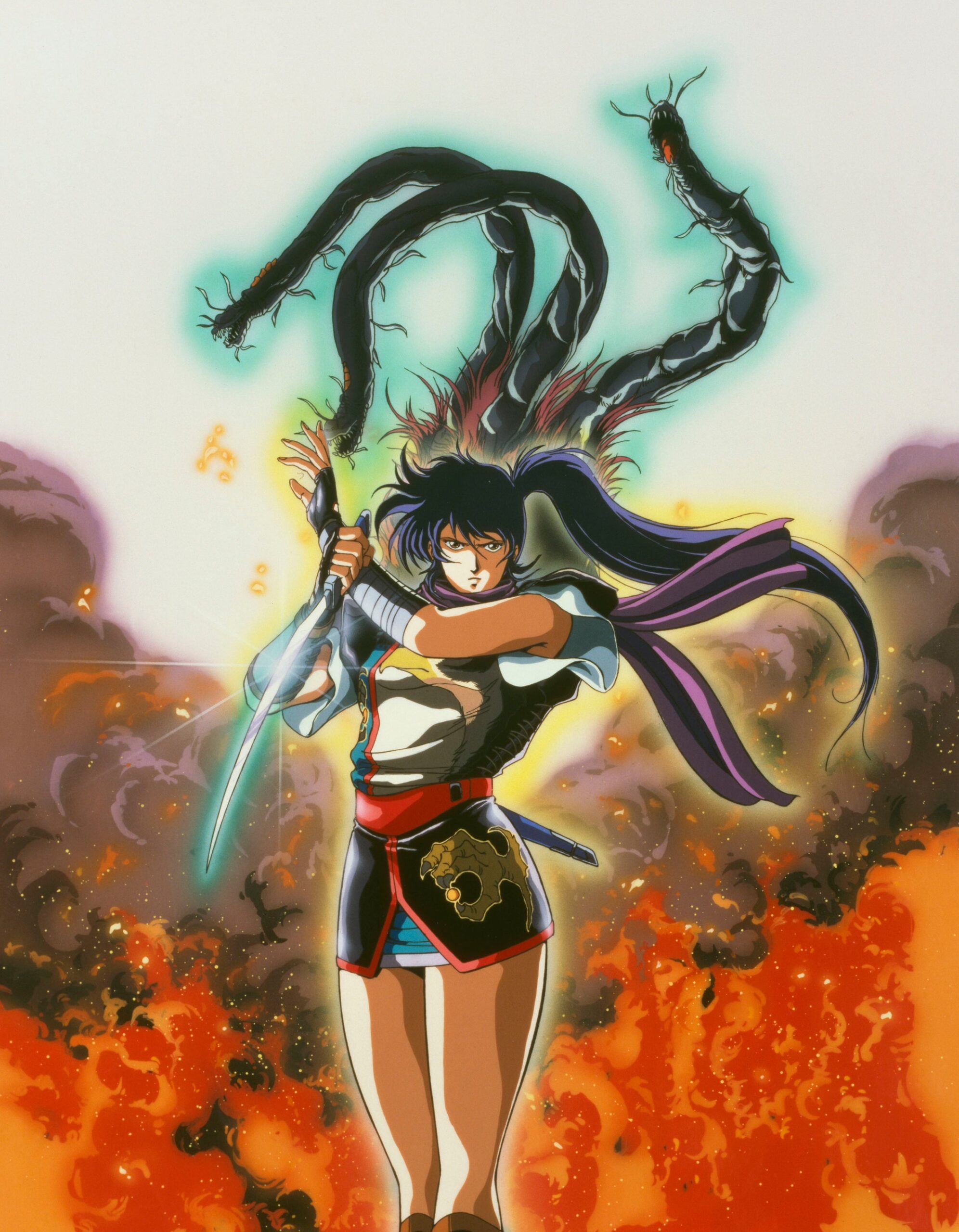 炎の中で剣を持つ影技キャラクター