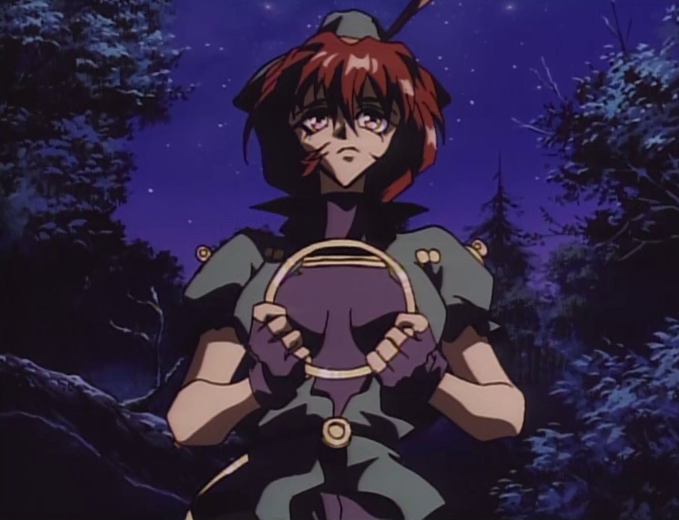 夜空の下でリングを持つキャラクター