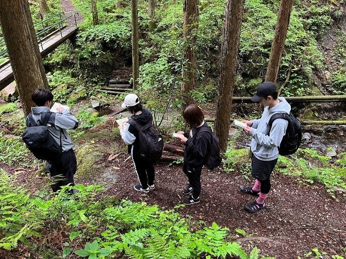 森で地図を確認する若者グループ