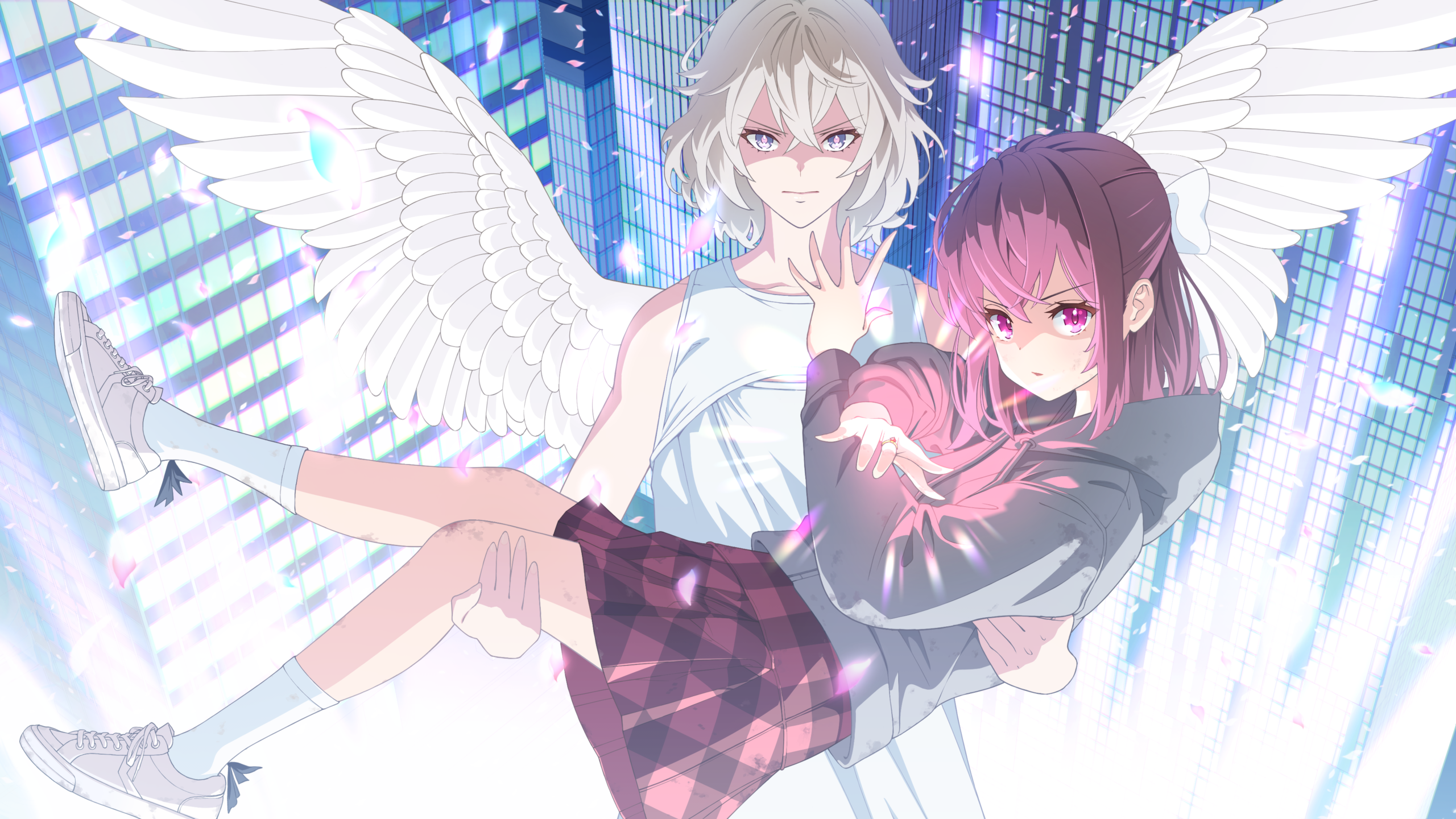 翼のあるキャラクターが人物を抱える