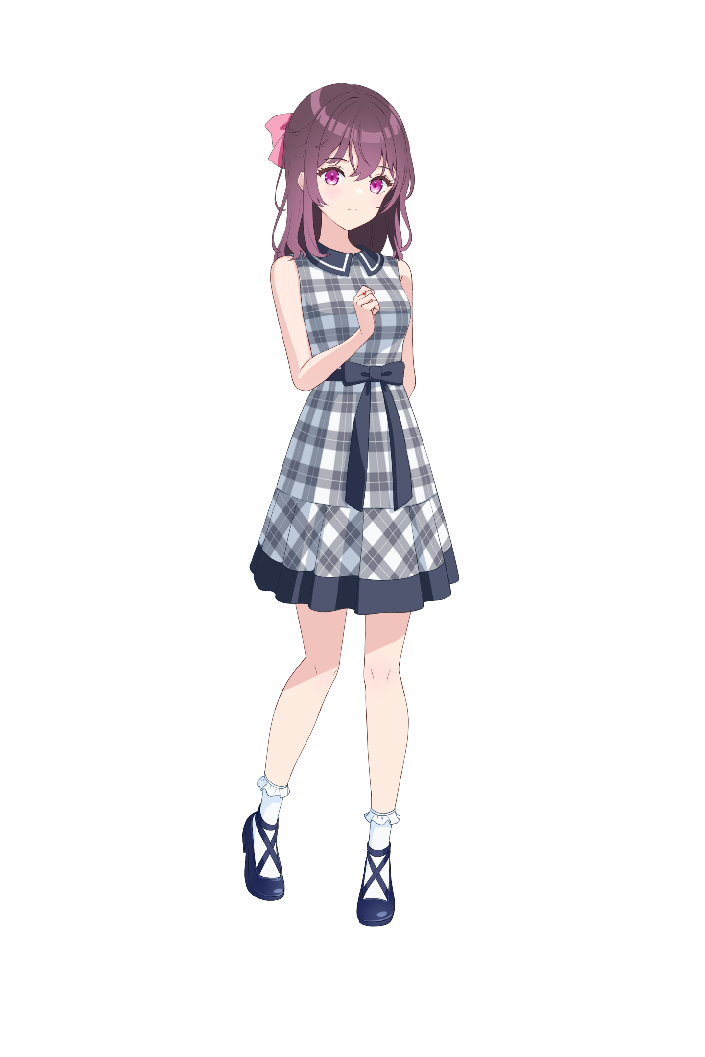 チェック柄ワンピースの女性キャラ