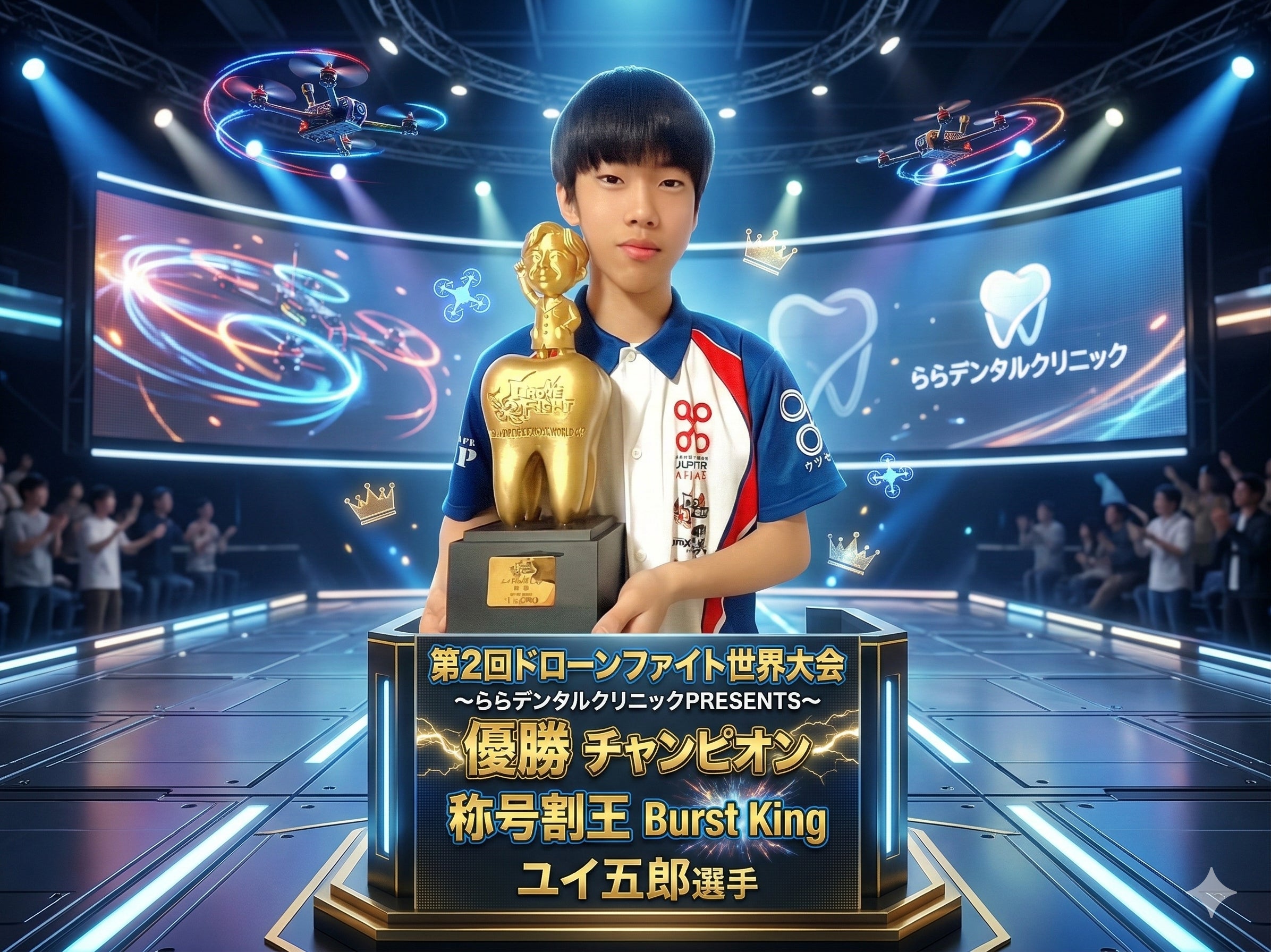 ドローンファイト大会優勝者とトロフィー