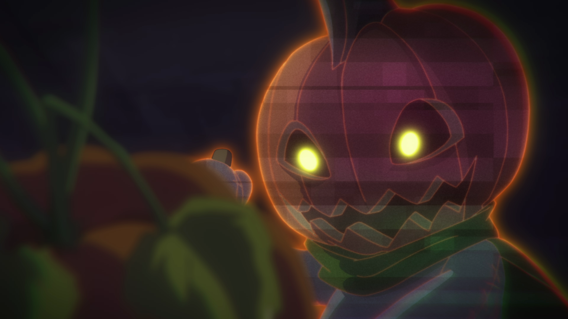 暗闇に潜むジャックオーランタン風のモンスター