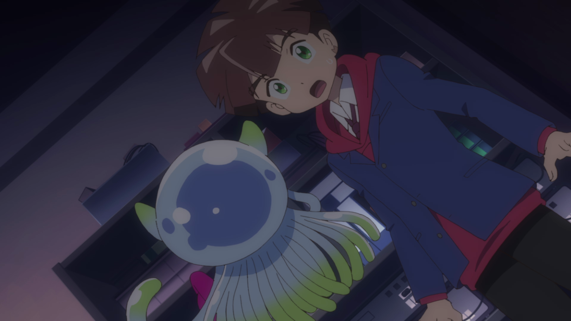 少年とデジモンが驚きの表情を見せる場面