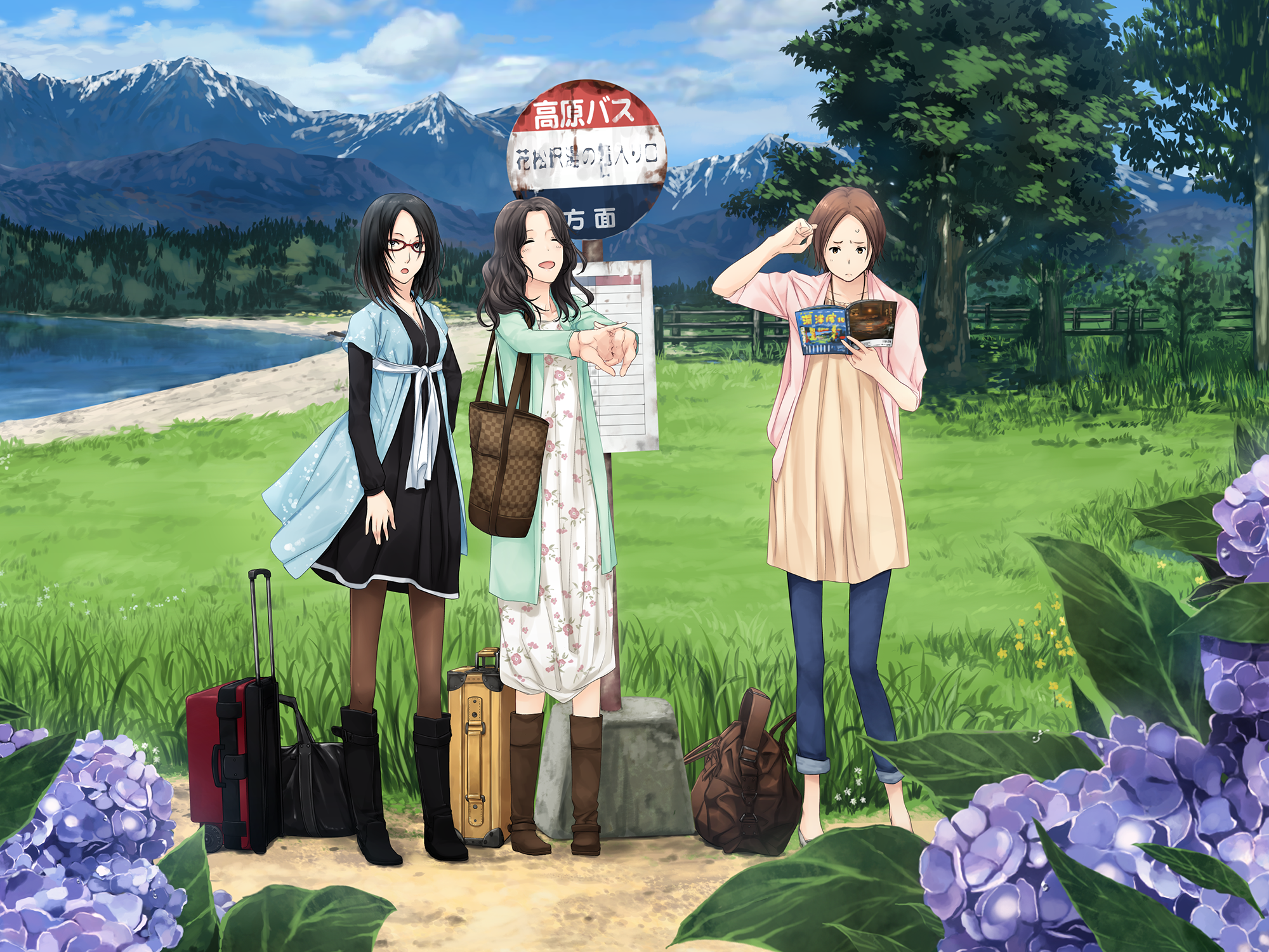 自然の中で待つ三人の女性たち