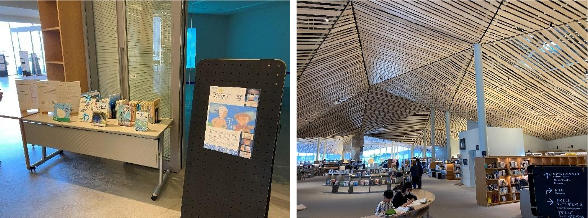 図書館内のアニメ関連展示と広い閲覧スペース