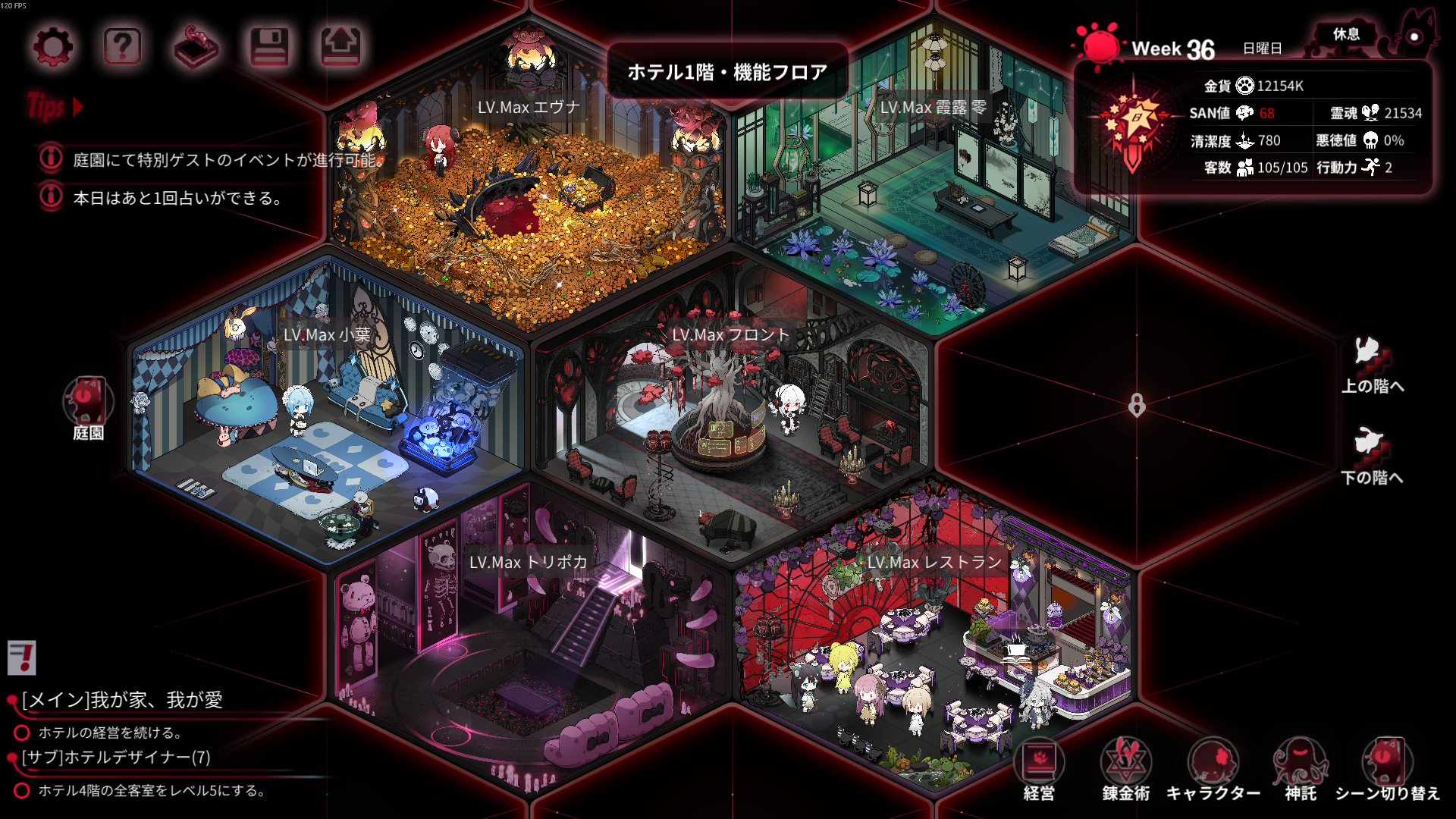 ゲーム内ホテルの管理画面