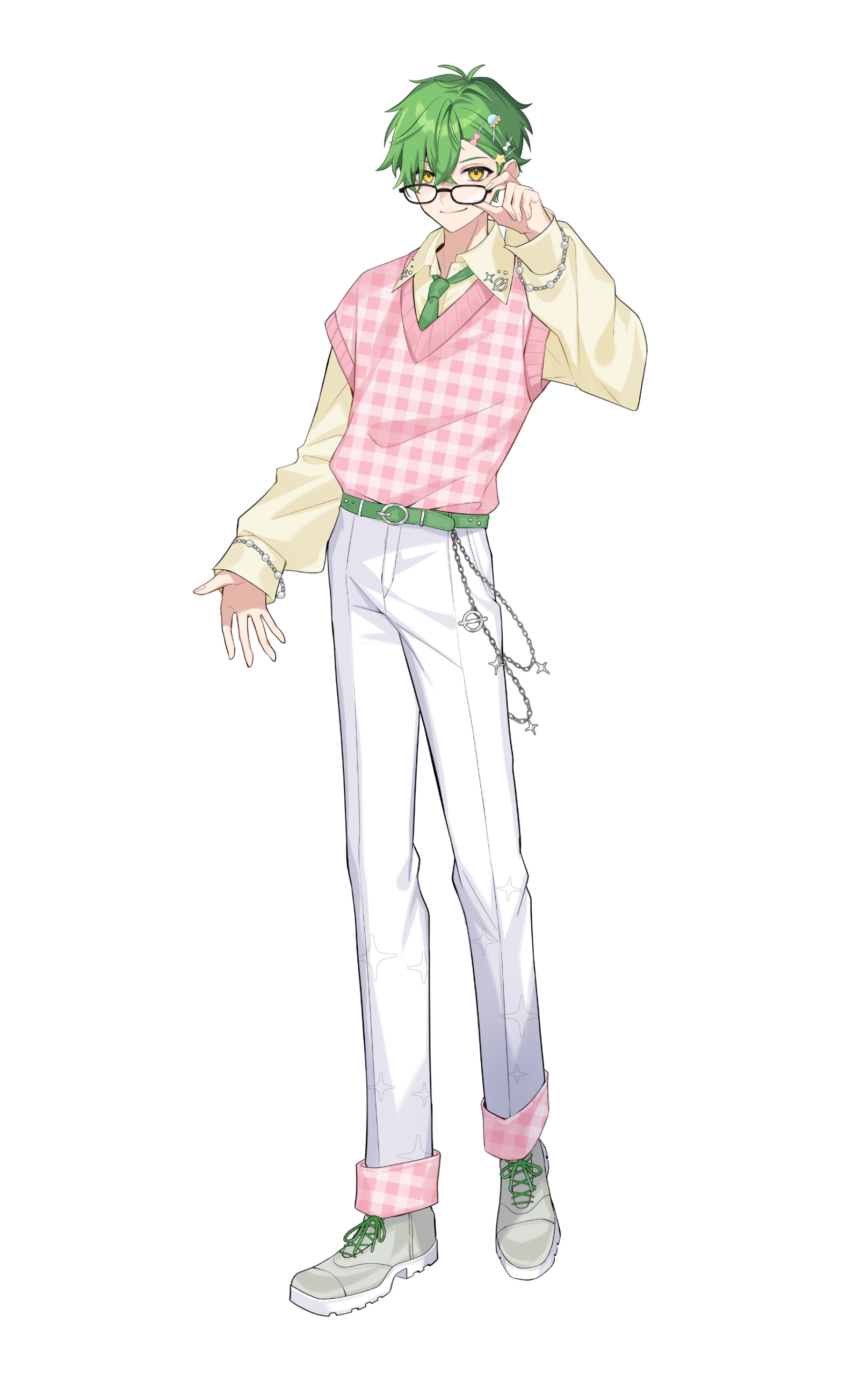 緑の髪とピンクベストのキャラクター