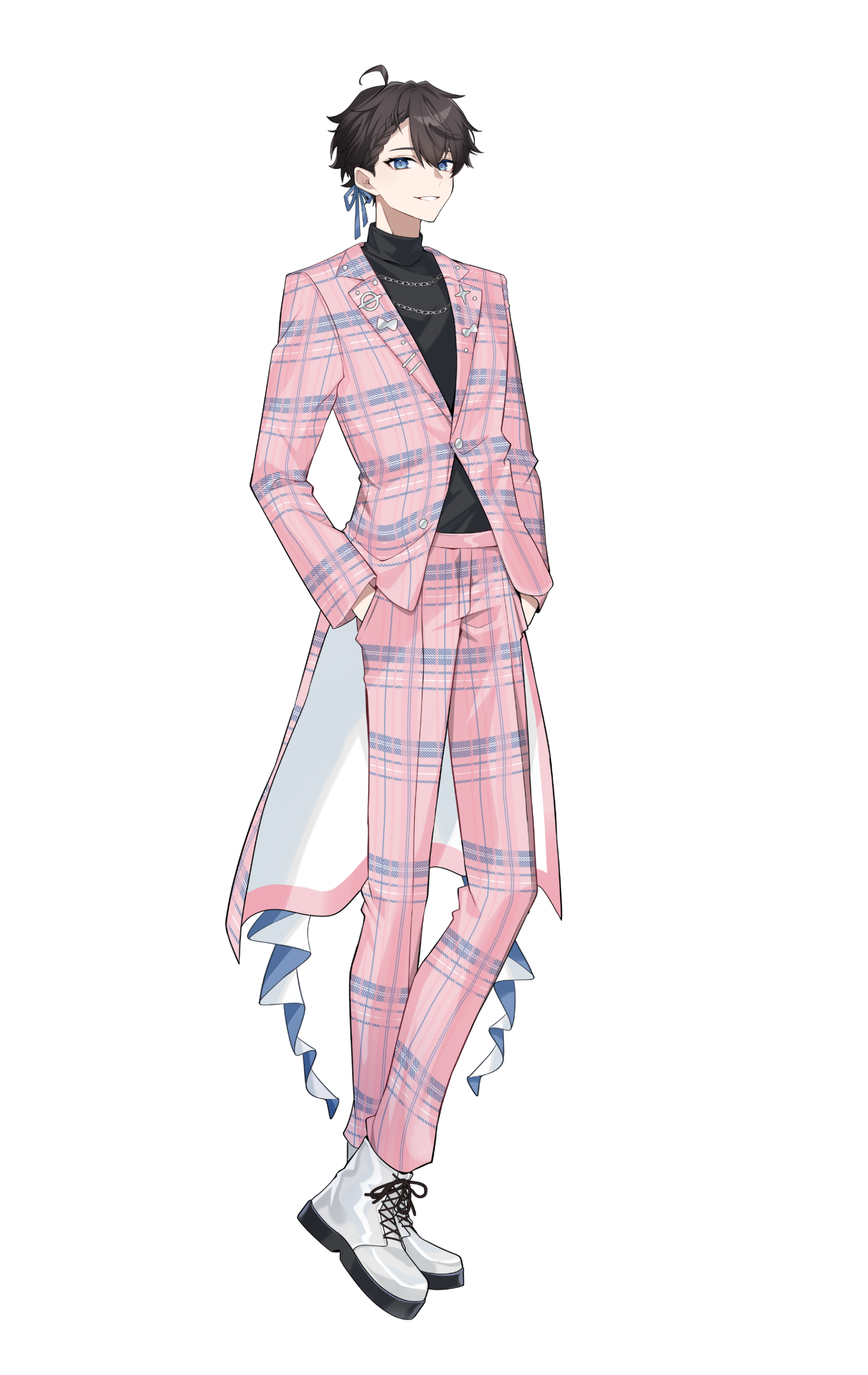 黒髪のキャラクターがピンクのスーツ姿