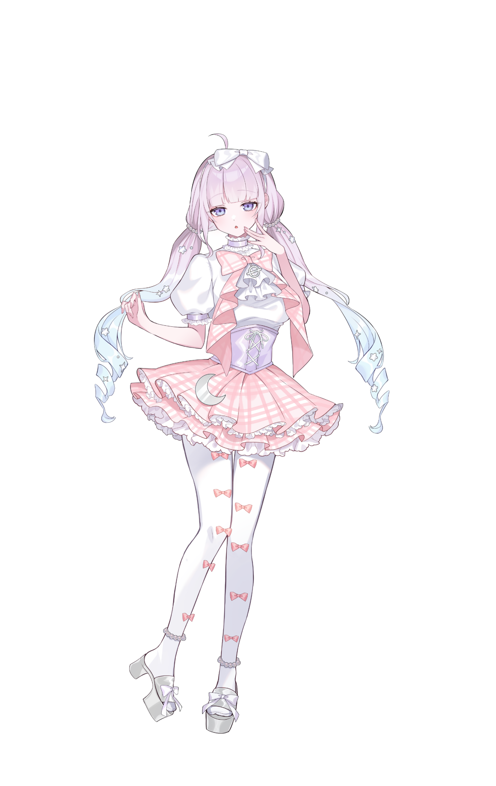 紫の髪のキャラクターがリボン付き衣装