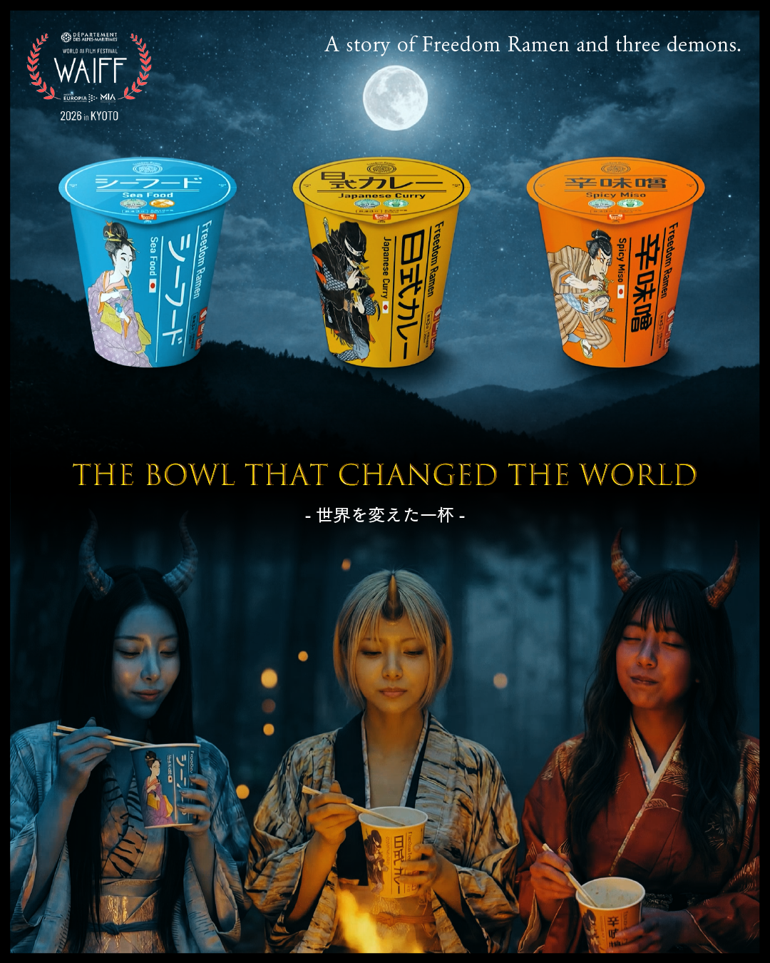 夜のラーメンと三人の女性キャラクター