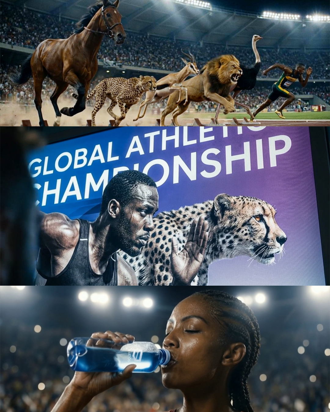 競技場で走る動物とアスリート