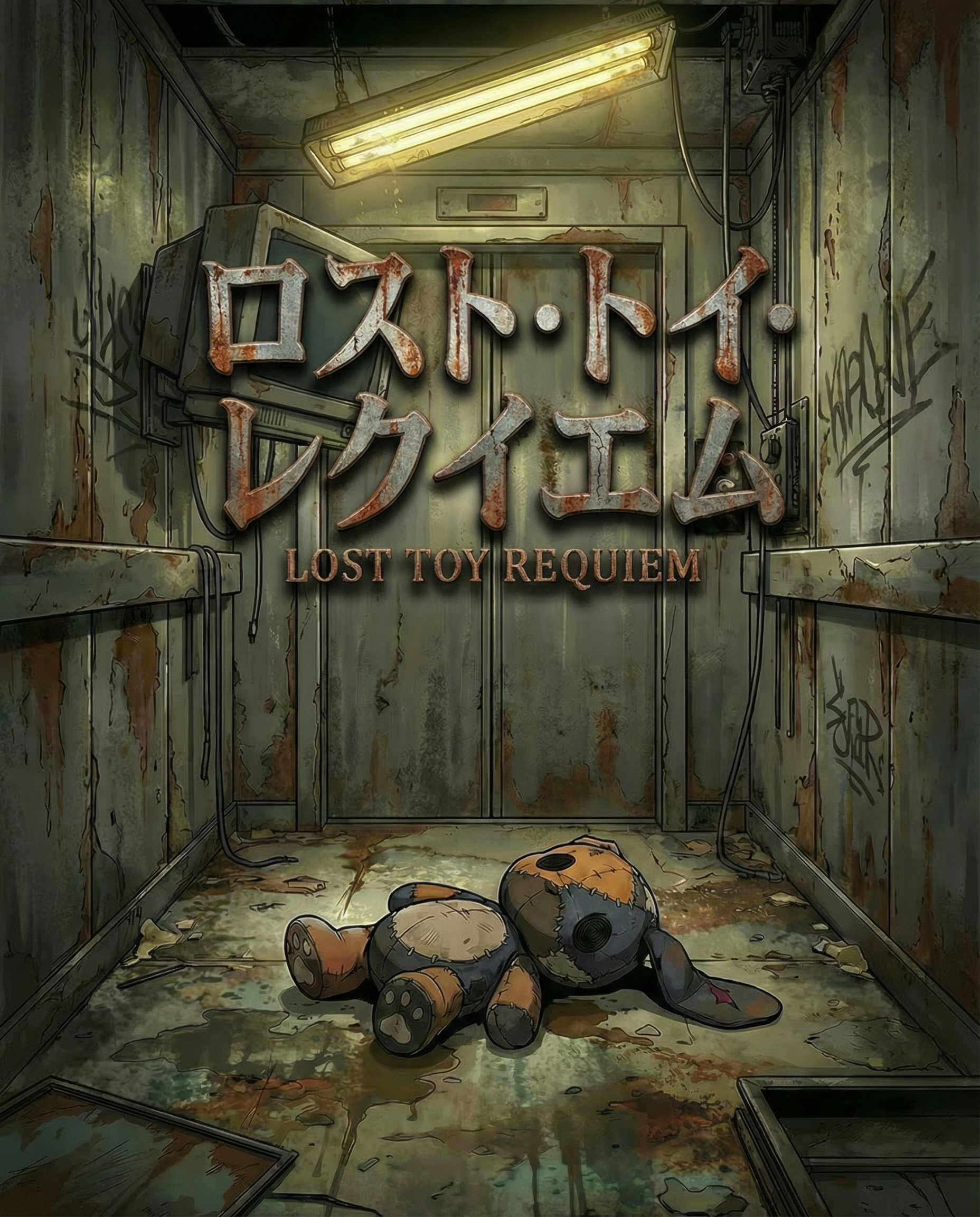 廃墟に横たわる古いぬいぐるみ