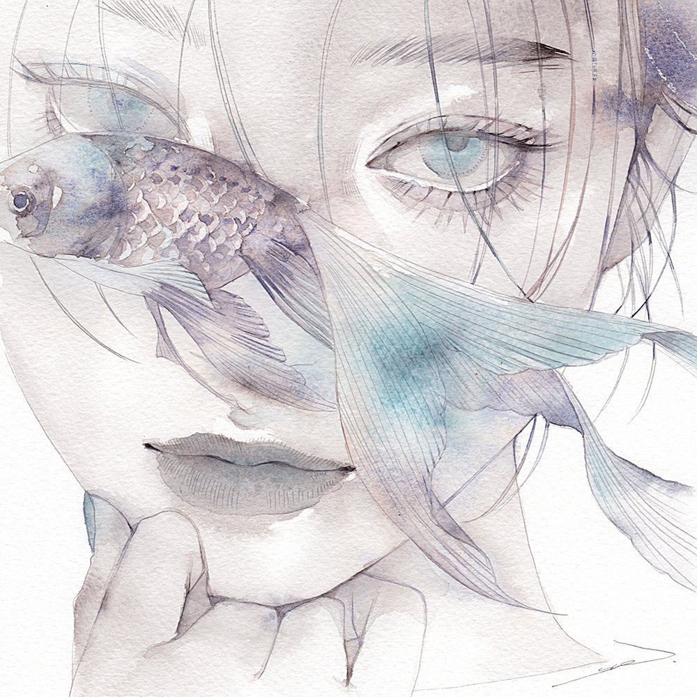 金魚と人物の繊細なイラスト