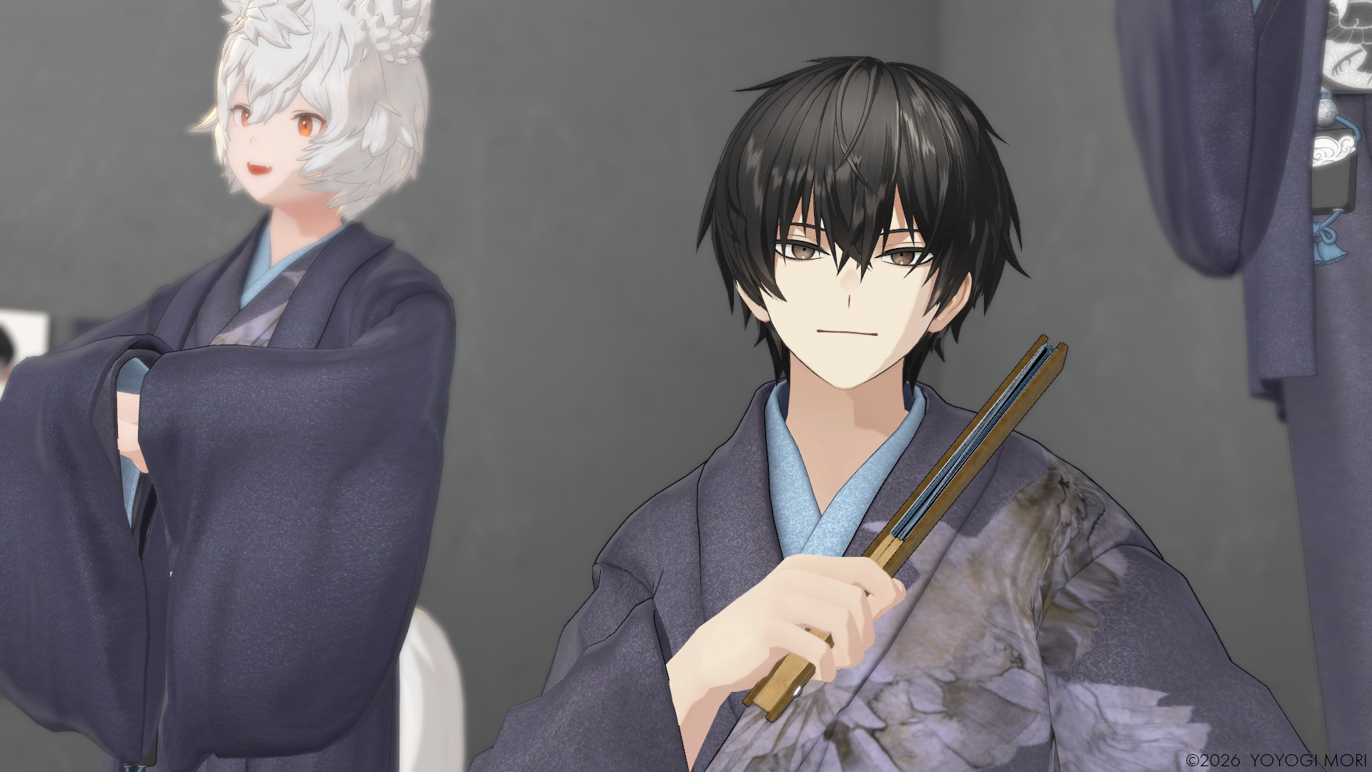 黒髪のキャラクターと白い狐