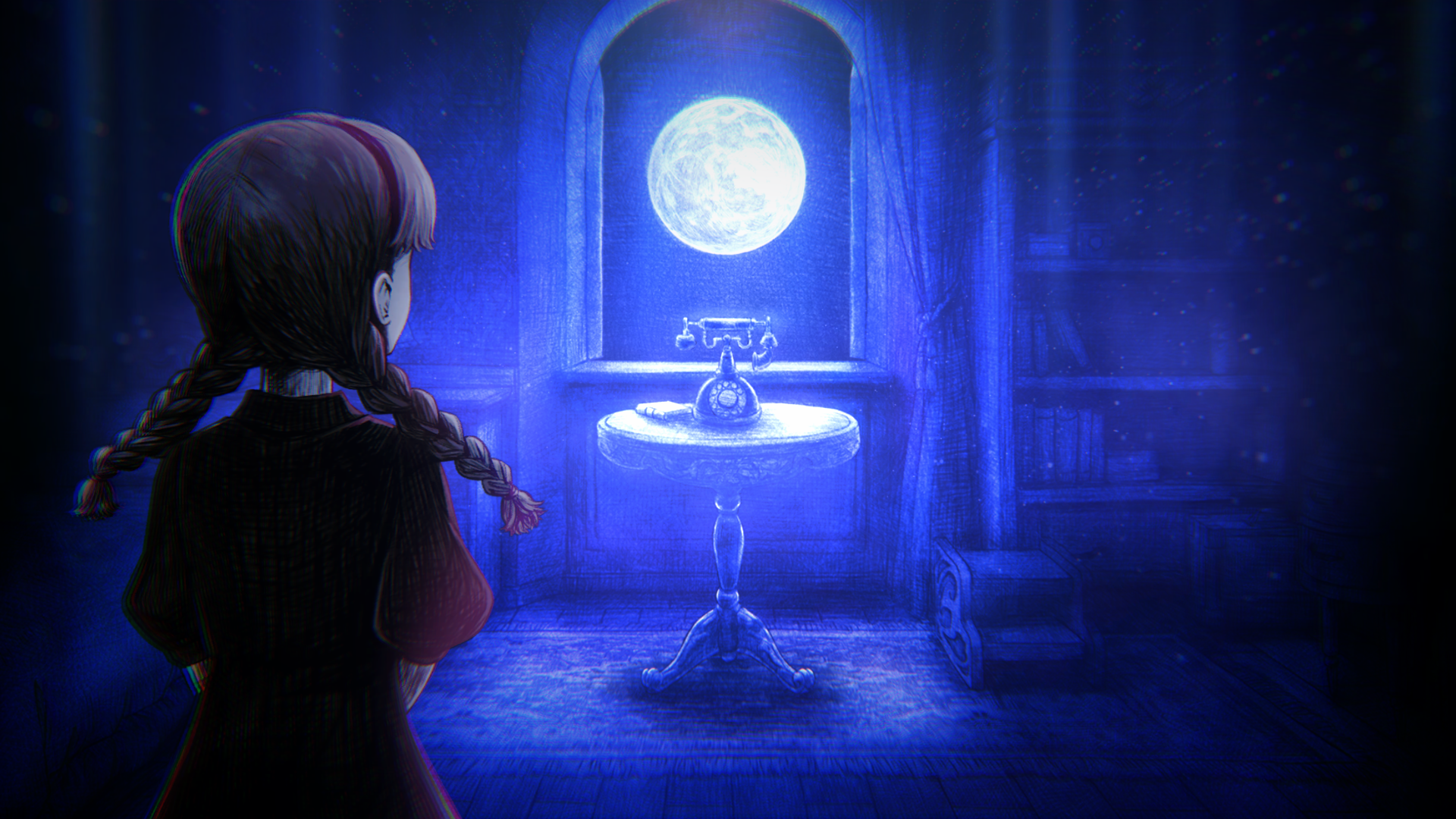 月光の下に立つ少女と電話