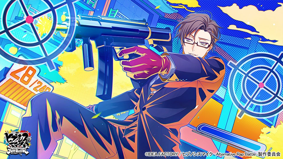 スーツ姿のキャラクターが銃を構える