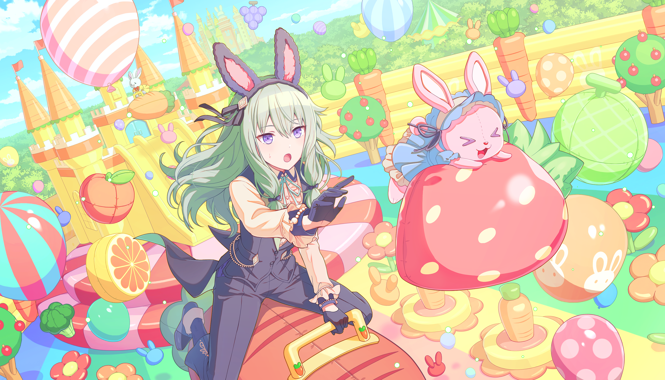 遊園地で楽しむキャラクターとぬいぐるみ