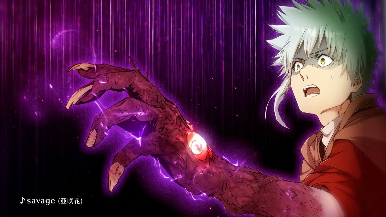 紫の光を背景に驚くキャラクター