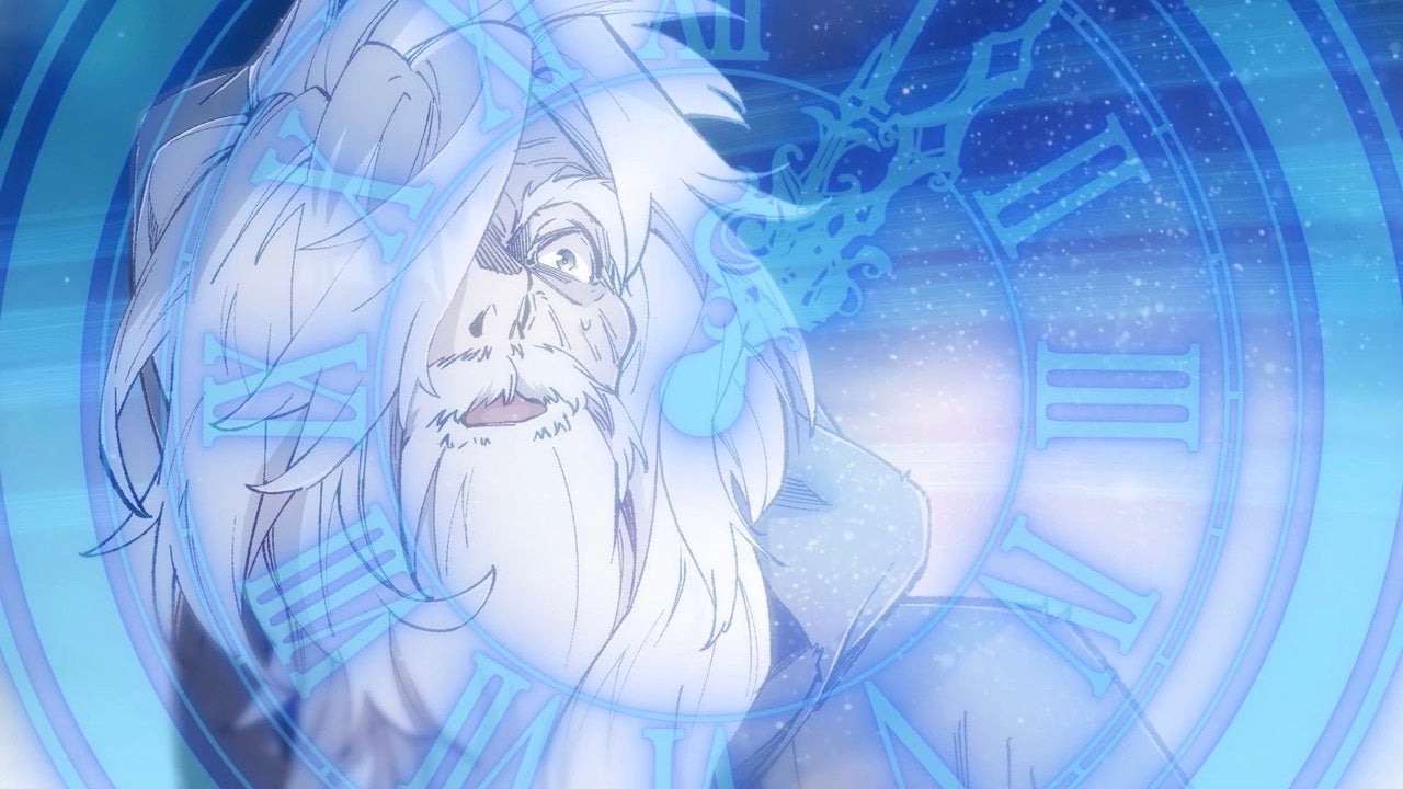 時計をバックにした白髪の賢者