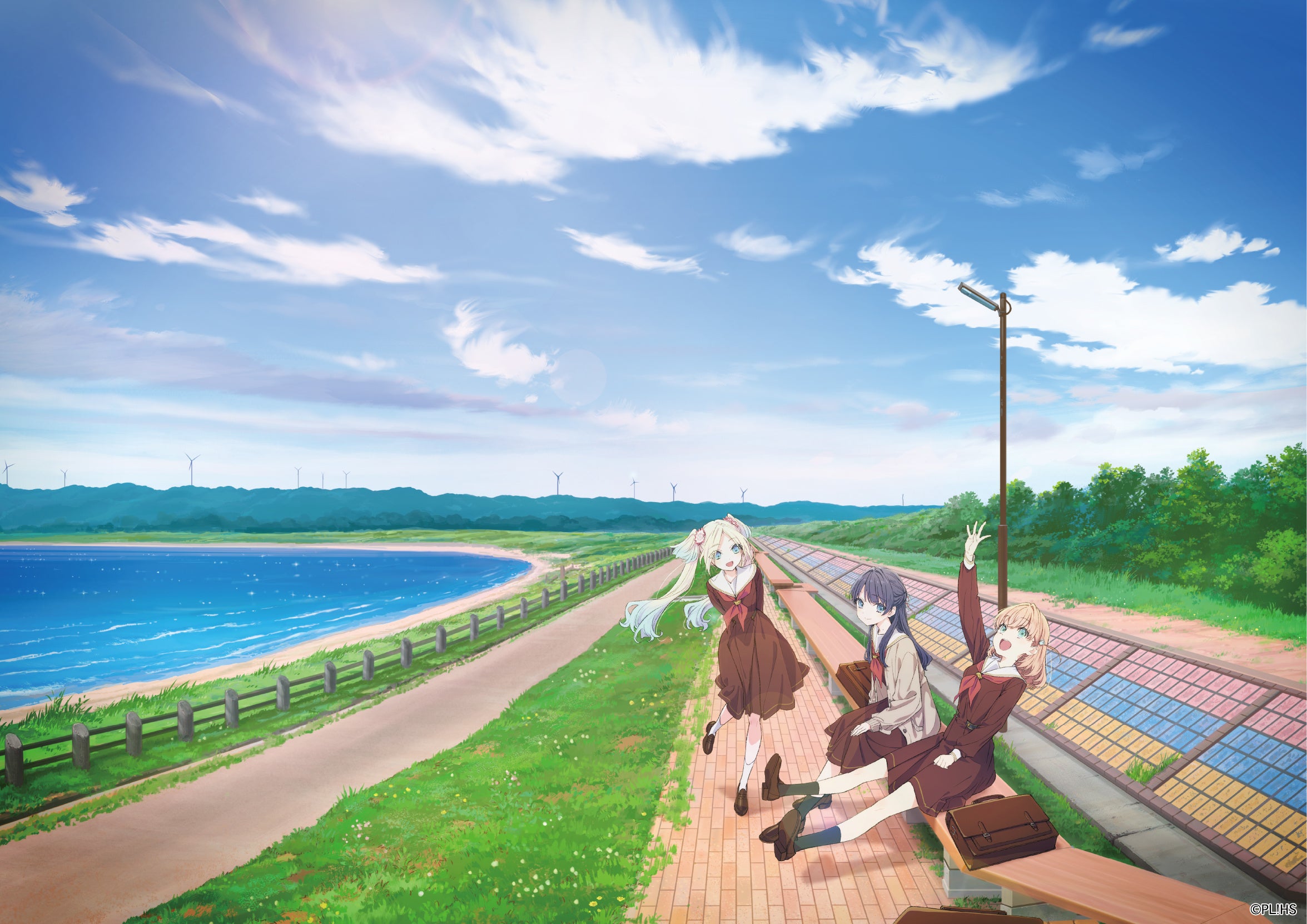 青い海と緑地に佇む女学生たち