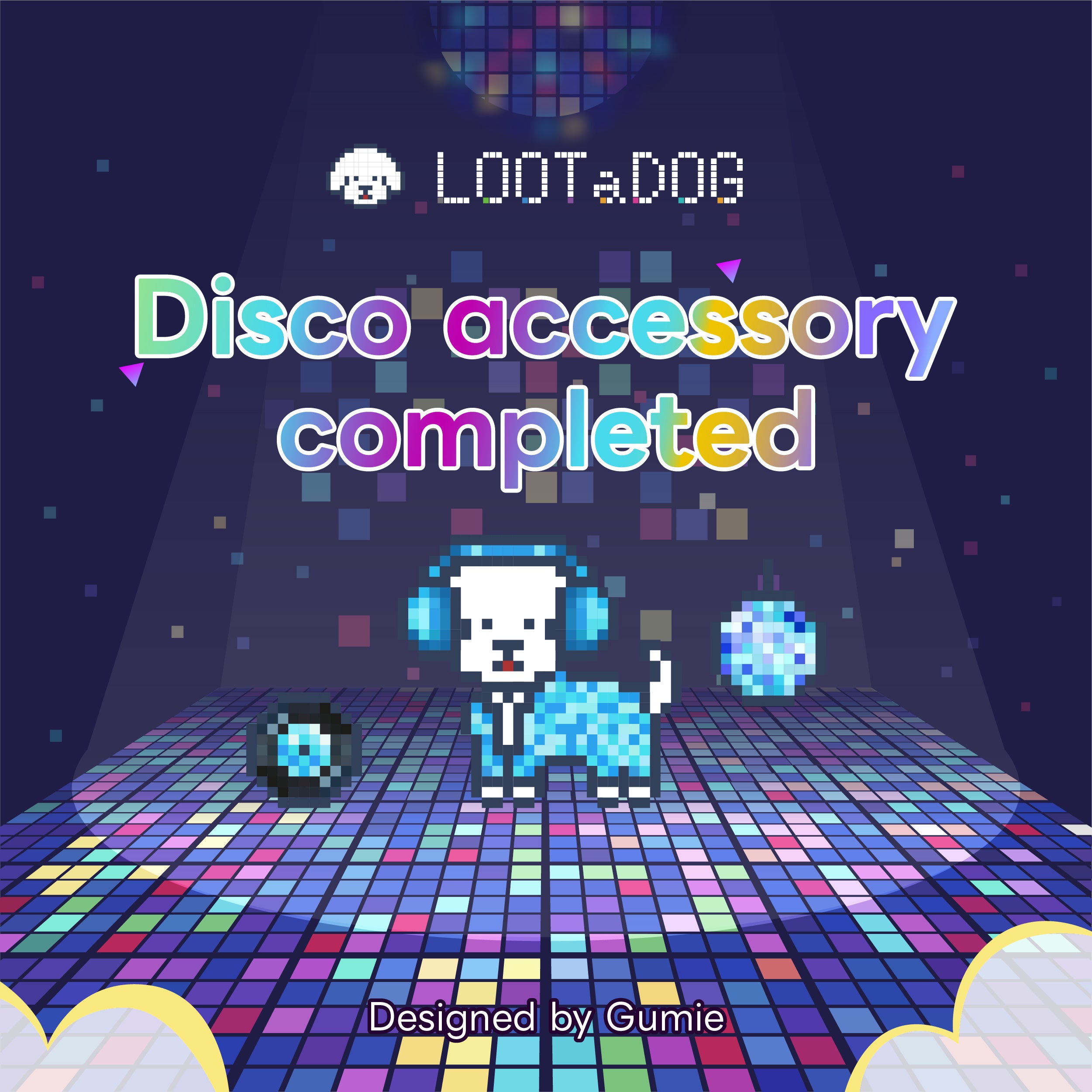 ディスコアクセサリー完成の犬キャラ