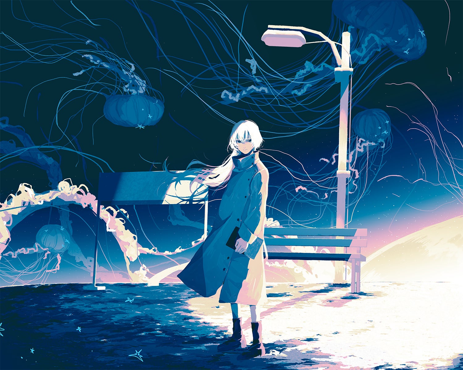 街灯の下に立つキャラクターと海月