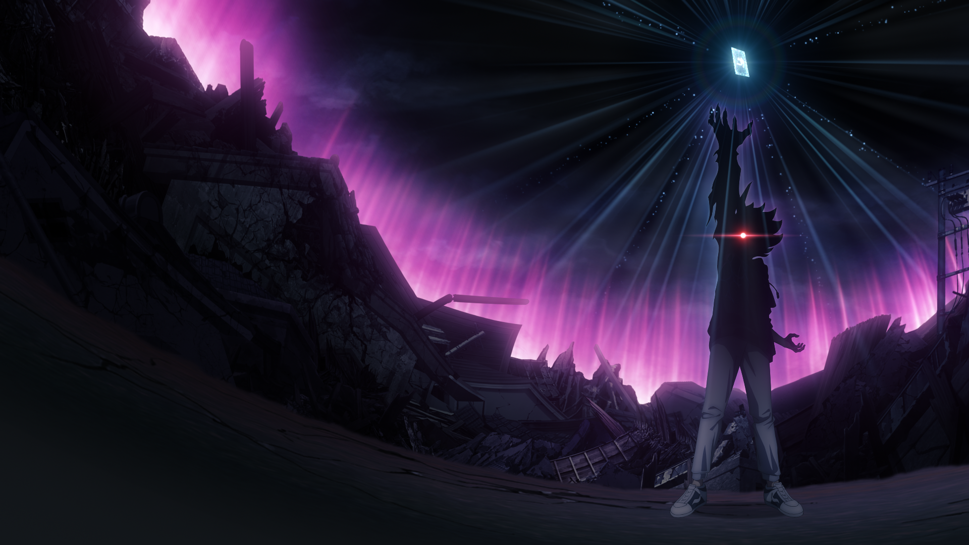 光を掲げる男と荒廃した風景