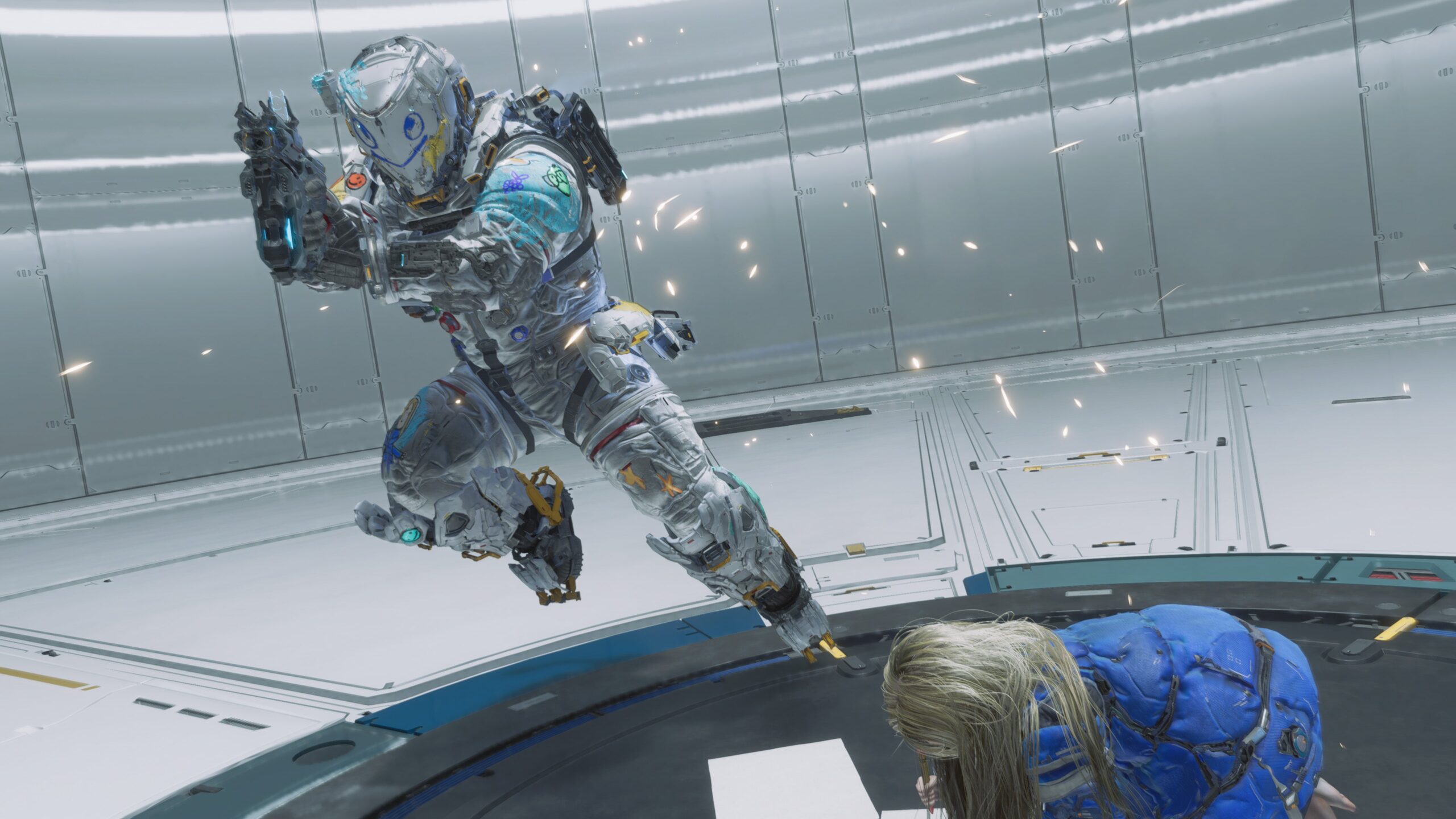 未来的なスーツのキャラクターアクション