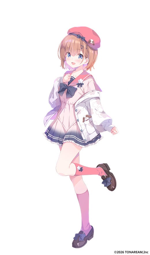 ピンクの帽子をかぶるVTuberが立つ